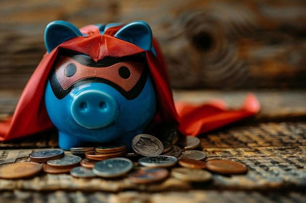 A piggy bank wearing a superhero cape, surrounded by various coins and cash, visually symbolizing the concept of an emergency fund providing protection and financial security against unexpected events.