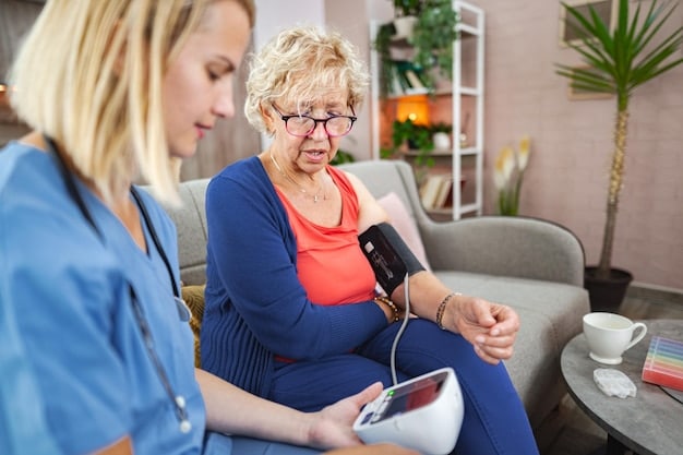 An elderly woman receiving assistance from a home health aide in her living room. The aide is helping her with medication and checking her blood pressure.