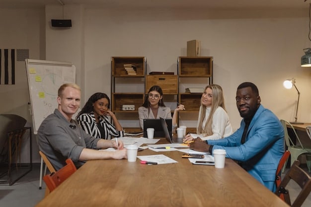 A diverse group of people sitting around a table in a modern office, engaged in a financial planning workshop. The room is brightly lit, and the participants are taking notes and asking questions.