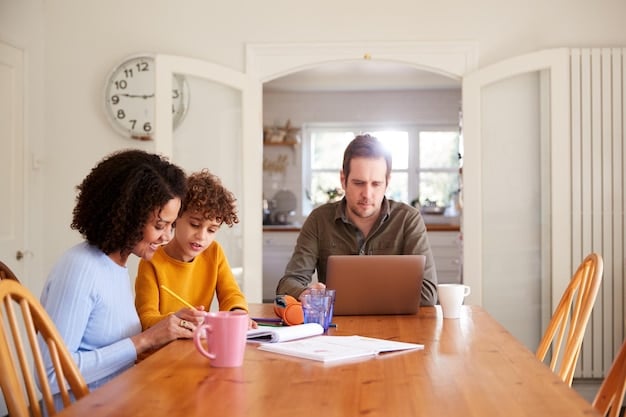 A family sitting around a table, engaged in a conversation about their budget, with a whiteboard showing income and expenses.