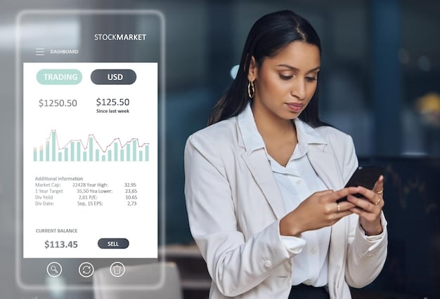 A young woman is using a mobile banking app on her smartphone to check her account balances and manage her budget. There are digital charts and graphs showing her income and expenses.