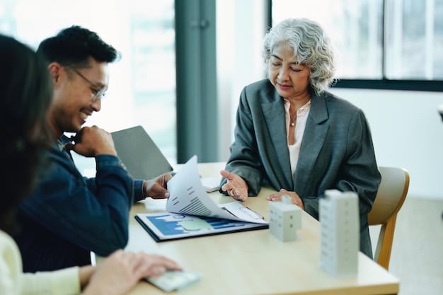 A financial advisor sitting across from a client, reviewing a retirement plan document together. The scene emphasizes the importance of seeking professional guidance and personalized financial advice.