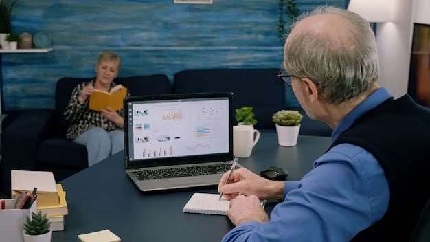 A person using a laptop with graphs and charts displayed on the screen, representing financial planning and investment tracking for retirement.