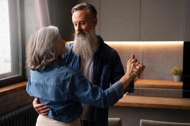 A close-up shot of a senior couple smiling and holding hands, symbolizing a secure and happy retirement, set against a backdrop of a comfortable home.