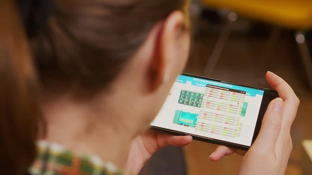 A teenager using a budgeting app on their smartphone. The app displays pie charts and graphs showing income and expenses. The background is a coffee shop, suggesting the teenager is managing their finances on the go.