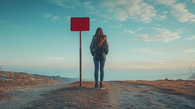 A person standing at a crossroads, with signs pointing to 