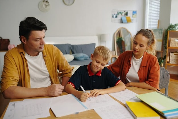 A family sitting at a table, reviewing college brochures and financial documents. A child is pointing at a college campus picture in one of the brochures, while the parents are smiling and discussing the 529 plan options on a tablet.